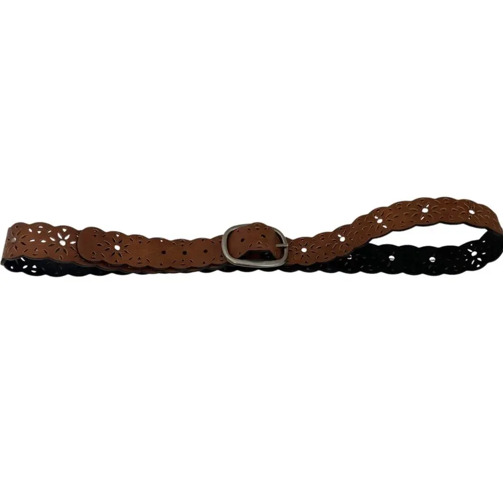 Womens Brown Cutout Floral Belt Silver Tone Buckle Unbranded Boho Western